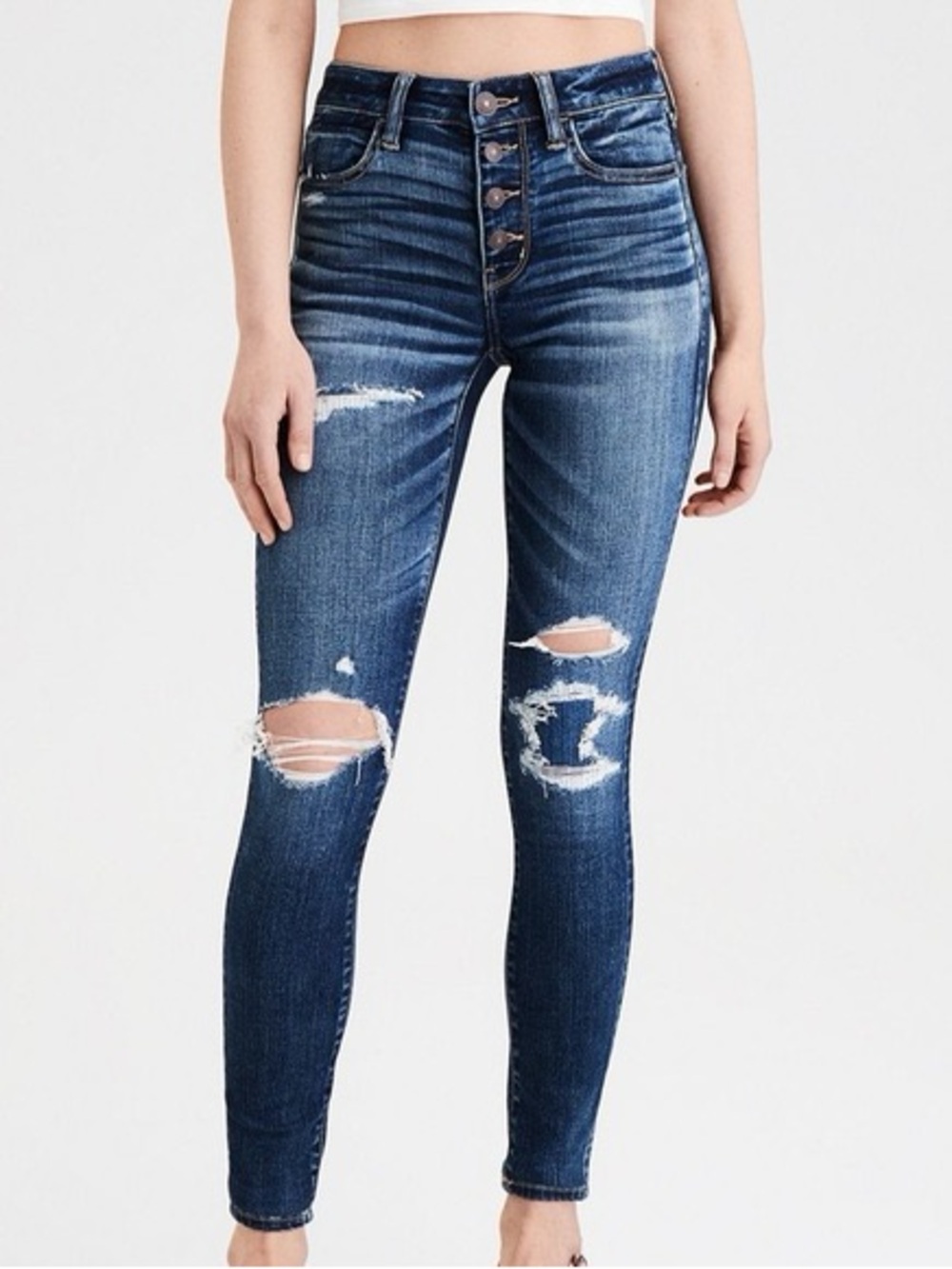 American Eagle Outfitters Dark Blue High-Rise Ripped Skinny Jeans